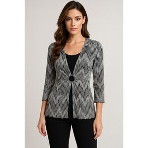Notations Cardigan Top Womens L Black White Pleated‎ Abstract Ring Front 2 in 1